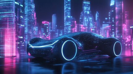 Wall Mural - Futuristic car with glowing blue lights in neon-lit cityscape, showcasing advanced technology and cyberpunk aesthetic at night.