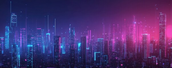 Wall Mural - Futuristic cityscape at night with neon lights and tall skyscrapers, reflecting a vibrant cyberpunk atmosphere. Ideal for tech and sci-fi themes.