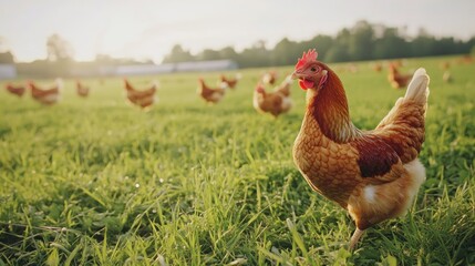 Wall Mural - Golden Hen in Lush Meadow at Sunset