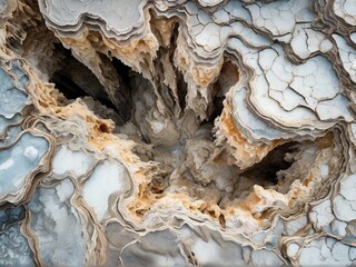 Wall Mural - An abstract, geological close-up of a rock formation with swirling layers and a deep crevice.