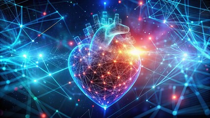 Wall Mural - Digital art concept of health and science, featuring an animated heart composed of glowing blue and red lines and particles, surrounded by futuristic data visualizations and abstract geometric shapes