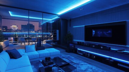 Wall Mural - Modern living room with blue LED lighting, large TV, and white couch.