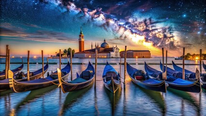 gondolas in row with chiesa di san giorgio maggiore in background under milky way , venice, italy