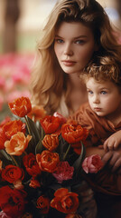 Wall Mural - Happy mother's day! Child congratulates mom and gives her flowers tulips. smiling and hugging. Family holiday and togetherness.