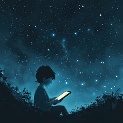 Wall Mural - An illustration of a young boy reading a digital tablet under a starry night sky, symbolizing the future of literacy in the digital age