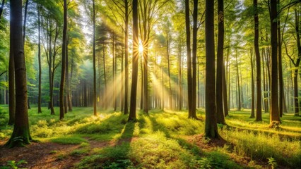 Poster - Panoramic view of a sunlit forest , trees, sunlight, nature, landscape, outdoor, scenic, green, woodland, tranquility