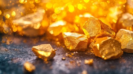 A macro image of gold nuggets scattered on a surface, capturing their raw, natural textures and rich golden color with a focus on their unique shapes.