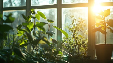 Wall Mural - Sunlight through window, illuminating plants.