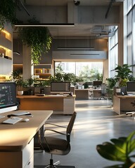 Aufkleber - Corporate Office Transformed by Digital Technology with Smart Desks, AI Assistants, and Virtual Meeting Rooms, Efficient and Modern Environment, Photo Realistic