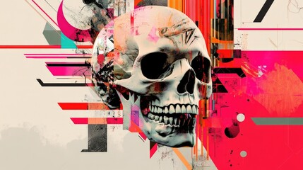 Poster - Abstract Skull with Geometric Shapes and Watercolor Splashes