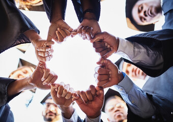 Poster - Graduation, fist bump and students in circle at university for ceremony, celebration and academic achievement. College degree, friends and below of hands of people for education, learning or studying