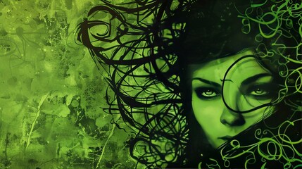 Poster - Abstract green portrait with swirling lines.