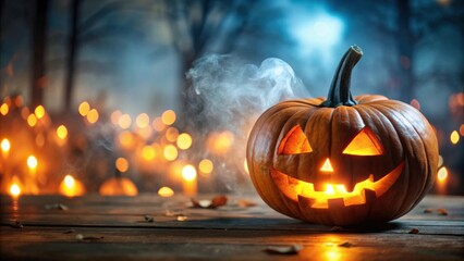 Poster - Spooky Halloween scene with a glowing Jack-O'-Lantern. Blurred background, pumpkin and lights, Halloween, spooky