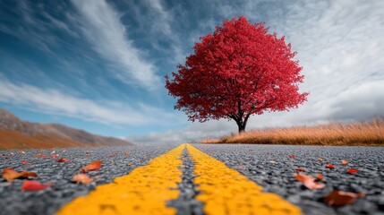 A solitary red-leaved tree stands majestically at the center of a deserted road, extending infinitely into the horizon under an open sky, epitomizing tranquility and solitude.