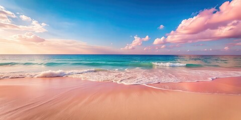 pink sandy beach with gentle ocean waves, dreamy seascape. serene and peaceful coastal scene, pink, 