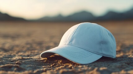 A white cap is placed on the sandy beach with a distant view of mountains blurred in the background, evoking feelings of calmness and outdoor exploration.