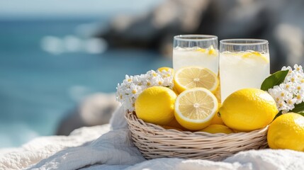 Two glasses of refreshing lemonade accompanied by fresh lemons and white flowers set against the backdrop of a serene blue sea, epitomizing a perfect summer refreshment.