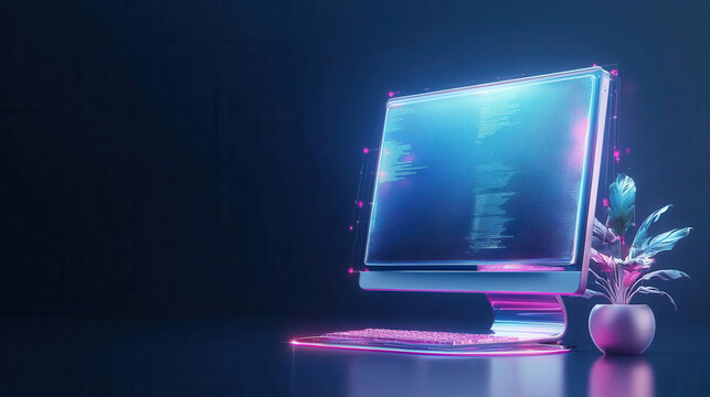 Neon glowing desktop computer with plant on a dark blue background.