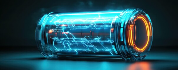 Futuristic energy cylinder glowing with blue light and electric patterns, set against a dark background for modern aesthetics.