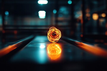 Poster - A glowing orb of light reflects beautifully on a metallic surface, creating an enchanting atmosphere in a modern setting.