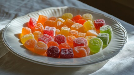 Leinwandbilder - A neatly arranged assortment of hard candies with different shapes and colors, displayed on a white plate to highlight their vibrant and playful nature.