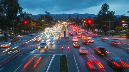 Aufkleber - A nighttime image of a busy street with illuminated traffic signals and the vibrant motion of headlights and taillights, highlighting urban traffic at dusk.