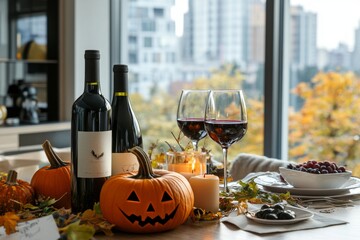 Wall Mural - A modern kitchen interior design in yellows and blacks decorated for Halloween.