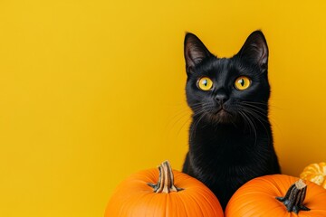 Wall Mural - A cute black cat rests on top of a pumpkin-filled halloween background