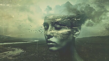 Abstract portrait with nature overlay and birds in flight.