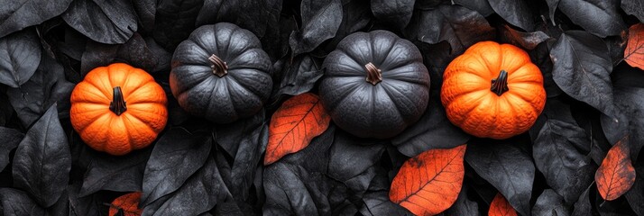 Wall Mural - Decorative halloween decoration with pumpkins, leaves, and spider web on dark background. Autumn holiday concept composition and mockup.