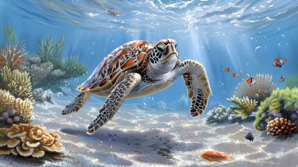 A graceful turtle glides through clear ocean waters, surrounded by vibrant coral reefs and a vibrant array of tropical fish