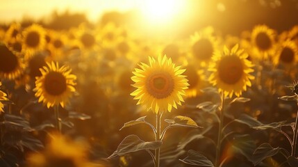 Poster - A picturesque scene of a sunflower field at sunset, with warm golden light casting a soft glow over the blooming flowers and creating a serene atmosphere.