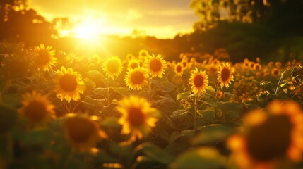 Poster - A picturesque scene of a sunflower field at sunset, with warm golden light casting a soft glow over the blooming flowers and creating a serene atmosphere.