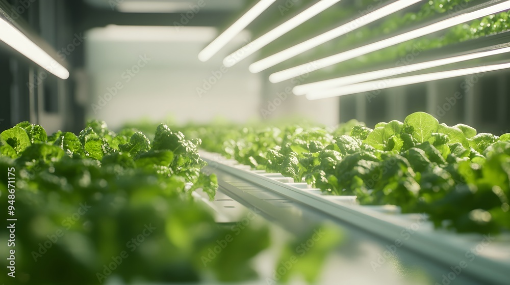 110. **A modern hydroponic farm with rows of leafy greens growing in ...
