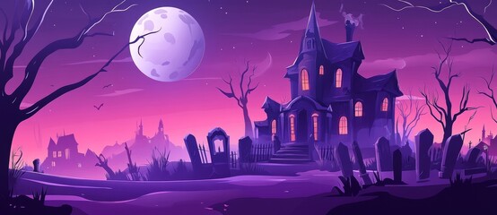 The spooky graveyard and haunted house at night is depicted in this Halloween scary modern background. The creepy silhouettes of the horror moon, the bats, and the gravestones set the scene for a