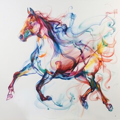 Wall Mural - Abstract watercolor painting of a galloping horse with vibrant colors and flowing lines.