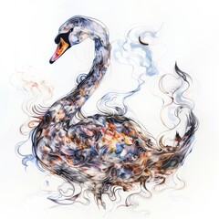 Wall Mural - Abstract watercolor painting of a swan with swirling lines and patterns.