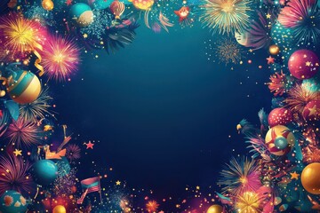 Wall Mural - A vibrant, colorful fireworks display set on a dark blue background with festive decorations around the edges.