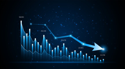 Fototapete - Downward trend of business graph or investment concept with decreasing profits. company downward arrow