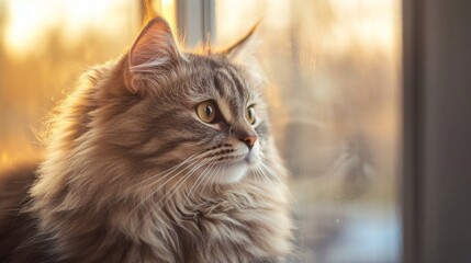 Poster - A plump cat sitting by a window, gazing outside with curiosity, its fluffy fur catching the soft afternoon light.