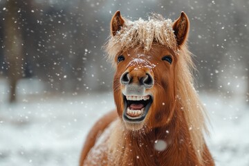 smiling horse in the snow