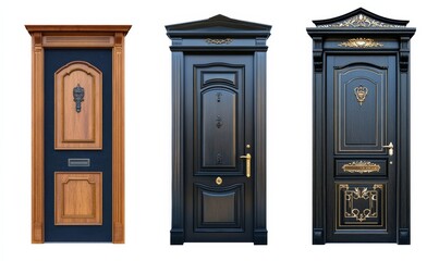 three luxury different entrance doors isolated on white background