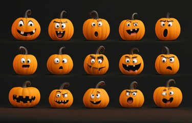 Wall Mural - On a background, cute Halloween pumpkins with different expressions and happy faces are arranged in rows