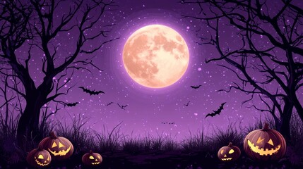 Wall Mural - A purple Helloween background with pumpkins, trees, and full moons.