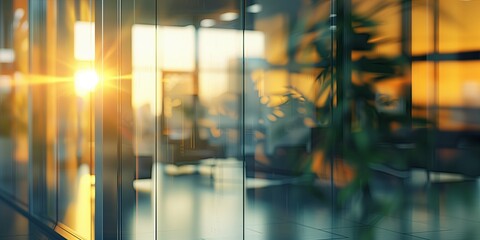 Poster - A beautifully blurred background of a modern office interior in gray and blue tones, featuring