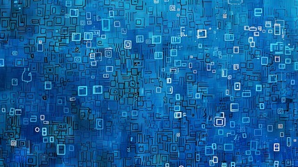 Poster - An ASCII art style illustration featuring a random array of symbols and characters scattered across a deep blue background, creating a digital mosaic effect with varying densities and patterns