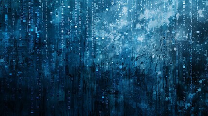 Poster - An abstract illustration in ASCII art style, where a diverse mix of alphanumeric characters and symbols are dispersed across a textured blue background, forming a chaotic yet visually appealing