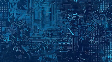 Poster - An abstract illustration in ASCII art style, where a diverse mix of alphanumeric characters and symbols are dispersed across a textured blue background, forming a chaotic yet visually appealing