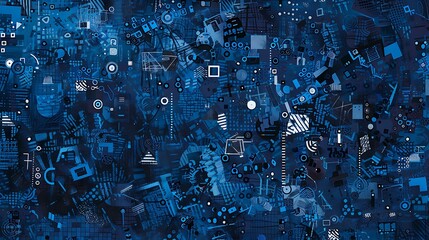 Poster - An abstract illustration in ASCII art style, where a diverse mix of alphanumeric characters and symbols are dispersed across a textured blue background, forming a chaotic yet visually appealing