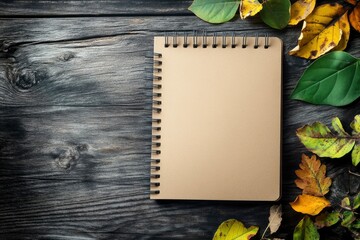 business and financial concepts. blank notebook with leaves, dark wooden table background. mockups. Top view with generative ai